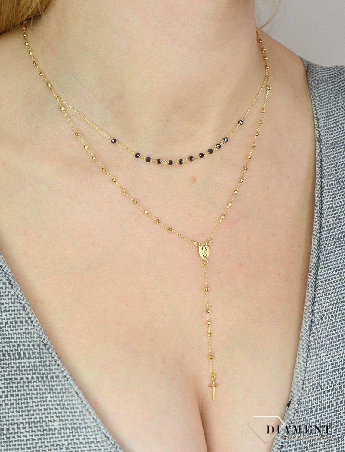 Złoty naszyjnik damski 585 różaniec i czarne koraliki NA 1135 585.jpg